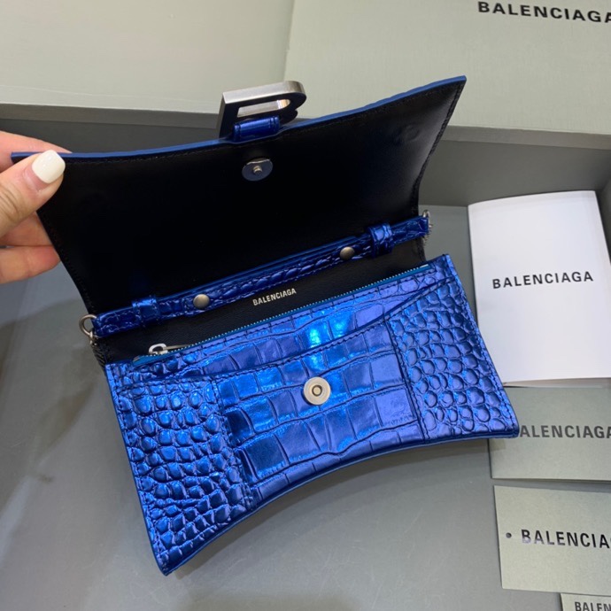 Balenciaga Small Hourglass Wallet With Chain Crocodile Embossed Shoulder Bag Blue